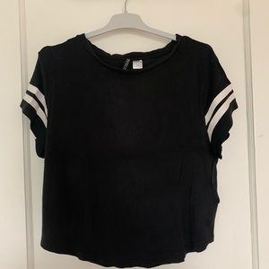 White stripes black shirt